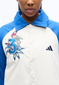 Κλείσιμο πλάνου ενός ατόμου που φοράει ένα λευκό και μπλε μπουφάν με μεγάλο αριθμό 3, μια κέντημα παπαγάλου και φυτού στη μία πλευρά και ένα μαύρο λογότυπο Adidas στην άλλη.