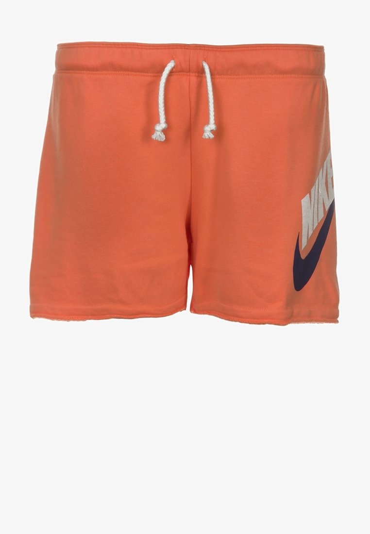 Oranžové šortky Nike vyrobené z měkkého směsového bavlněného materiálu, s elastickým pasem na šňůrku a velkým námořnickým logem u spodního lemu.