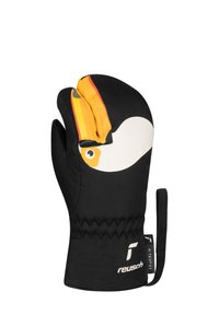 Schwarze Handschuhe mit einem verspielten Tukan-Design, das gelbe und rote Akzente aufweist, aus wasserabweisendem Material gefertigt und mit einem Fleece-Innenfutter ausgestattet.