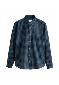 Heren langarm overhemd met knopen, marineblauw met een blauw ruitpatroon, kraagontwerp, borstzak, gemaakt van zachte stof, textuurafwerking.