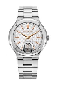 Aigner silver-tone wristwatch with a textured white dial, orange accents, date display, and a stainless steel bracelet. Round case design.