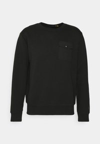 Svart sweatshirt i mjuk trikå, med rundhals, långärmad och en bröstficka med tryckknapp.