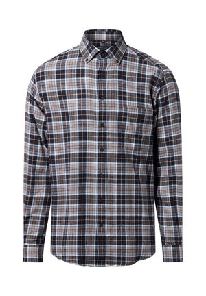 Bruin en blauw geruit overhemd van katoen, met een button-down kraag, lange mouwen en een borstzak.