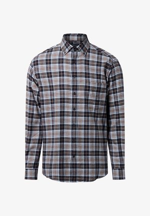 Camicia a quadri marrone e blu in cotone, con colletto a bottone, maniche lunghe e tasca sul petto.