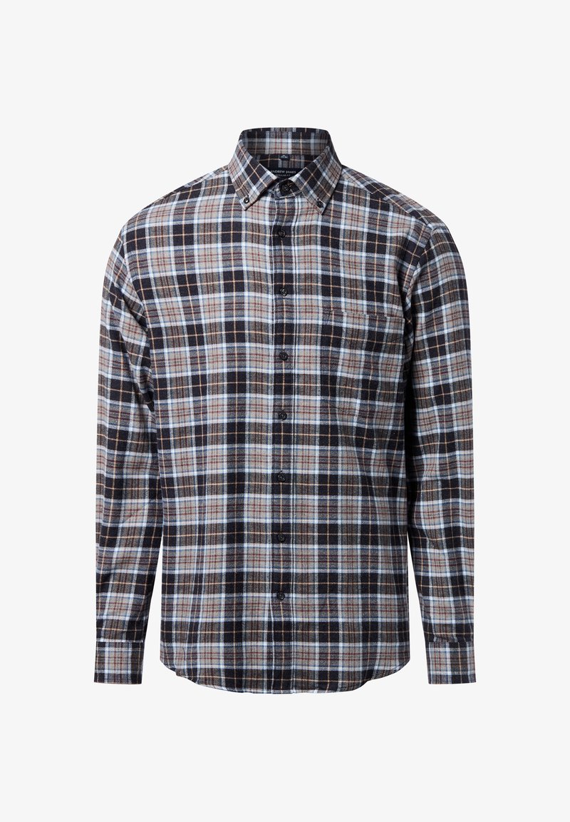 Chemise à carreaux marron et bleu en coton, avec un col boutonné, des manches longues et une poche poitrine.