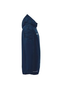 Veste à capuche bleu marine en tissu léger, dotée de motifs texturés sur les manches et de poignets élastiques pour un ajustement confortable.