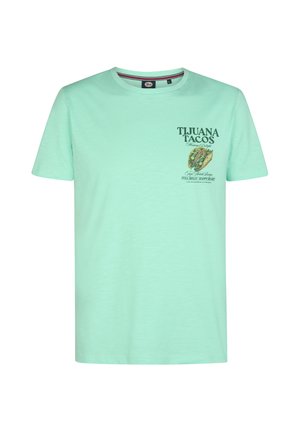 Lichtgroen T-shirt met korte mouwen, een ronde hals en een kleine "Tijuana Tacos" tekst en taco-afbeelding op de linkerborst.
