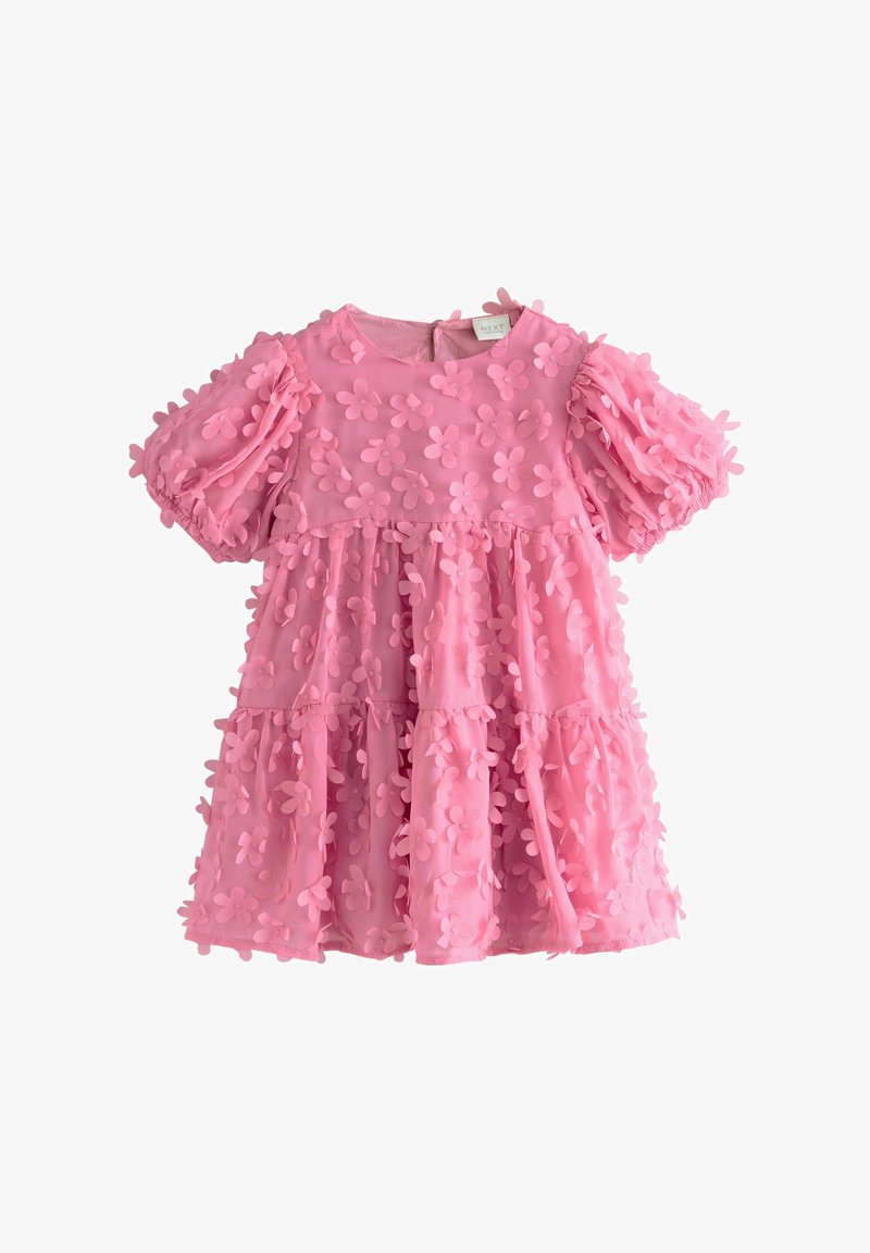 Vestitino rosa per bambini con maniche a sbuffo, gonna a strati e applicazioni floreali 3D che coprono il tessuto.