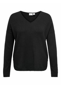 Black knit sweater with a v-neck, long sleeves, and ribbed hem. The fabric has a soft texture and a relaxed fit.