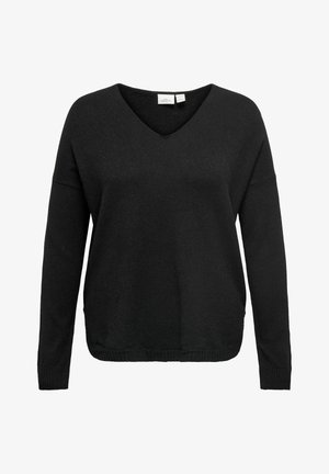 Black knit sweater with a v-neck, long sleeves, and ribbed hem. The fabric has a soft texture and a relaxed fit.