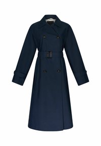 Paltò blu navy con bottoni doppi, vita con cintura, ampi risvolti e maniche lunghe con dettagli ai polsini.