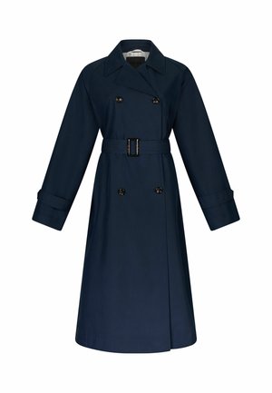 Námornícky modrý trench coat s dvojradovým zapínaním, opaskom v páse, širokými klopami a dlhými rukávmi so zamatovým detailom.