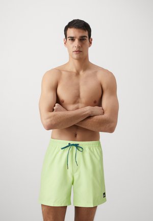 Light green swim shorts with elastic waistband, decorative blue drawstring, and small logo on the lower left side. Smooth, lightweight fabric.