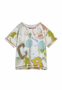 Pamuk majica kratkih rukava s višebojnim printom Mickey Mousea, okrugli izrez i kontrastni šav duž rubova.
