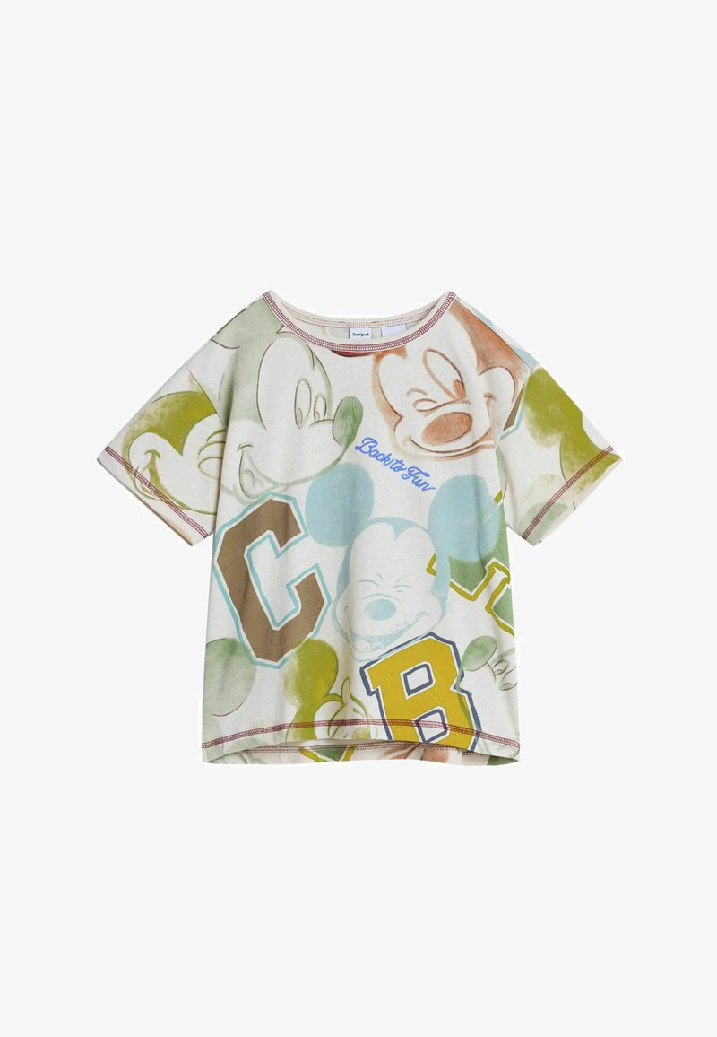 Katoenen T-shirt met een meerkleurige Mickey Mouse-print, korte mouwen, ronde hals en contrasterende stiksel langs de zoom.