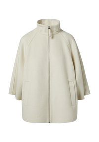Giacca di lana crema con colletto alto, zip frontale completa e tasche laterali, dalla silhouette rilassata e simile a un mantello.
