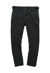 Pantalones negros hechos de material ligero; cuentan con bolsillos con cremallera, un cierre de botón y una cintura de Velcro para ajustabilidad.