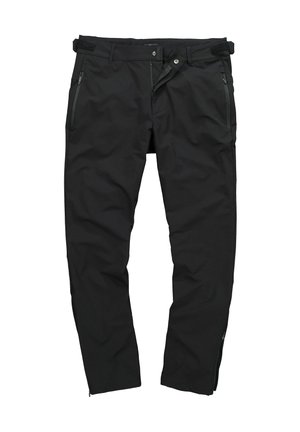 Schwarze Hose aus leichtem Material; verfügt über Reißverschlusstaschen, einen Knopfverschluss und einen verstellbaren Klettverschluss-Bund.