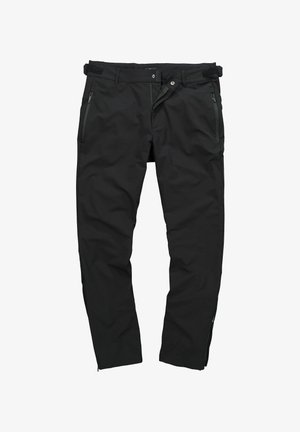Pantalon noir en matière légère ; équipé de poches zippées, d'une fermeture à bouton et d'une taille en Velcro pour un ajustement.