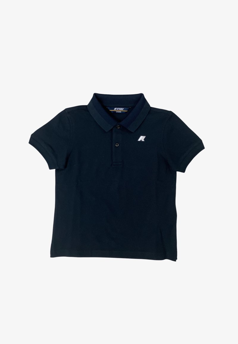 Polo shirt in cotone blu navy con colletto, patta con due bottoni, maniche corte e un piccolo logo bianco sul lato sinistro del petto. Texture liscia.