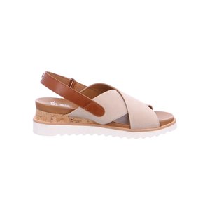 Beige and brown slingback sandal with crisscross leather straps, cork wedge heel, and white ridged sole.