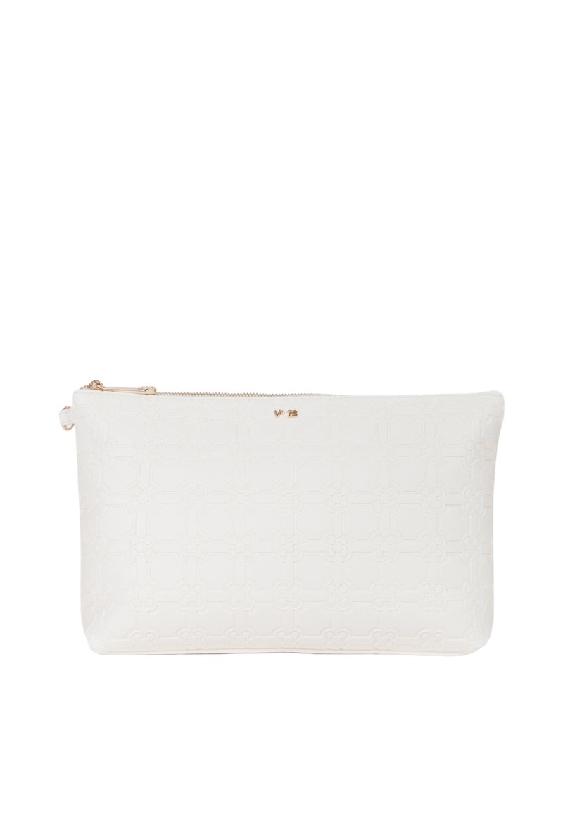 Witte ritstas van geëmbosseerd materiaal met een geometrisch bloemmotief. Goudkleurige accenten op de rits.