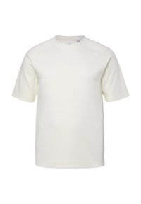 Kurzärmliges Rundhals-T-Shirt aus off-weißem Baumwollmix. Mit Raglanärmeln und einer glatten, leicht strukturierten Oberfläche.