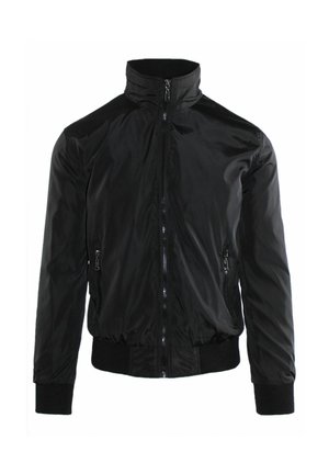 Giacca bomber leggera nera con zip frontale, due tasche laterali con zip, polsini a costine e collo alto.