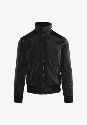 Giacca bomber leggera nera con zip frontale, due tasche laterali con zip, polsini a costine e collo alto.