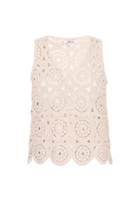 Top de croșetat de culoare crem, cu modele florale circulare, hem ondulat, design fără mâneci și decolteu rotund. Ușor și texturat.