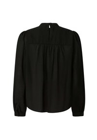 Zwarte blouse met lange mouwen, hoge hals, knoopsluiting op de rug, geplooide details en smalle manchetten. Zacht textiel.