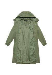 Impermeabile lungo verde oliva con cappuccio, polsini elasticizzati, bottoni a pressione e fodera interna liscia, mostrato aperto per esibire l'interno.