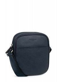 Borsa a tracolla in pelle blu navy con chiusura a zip, texture liscia, tasca frontale e tracolla regolabile. Design rettangolare compatto.