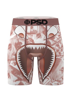 Boxer briefs with brown waistband labeled PSD, money and face print, and large open shark mouth design on the front center.