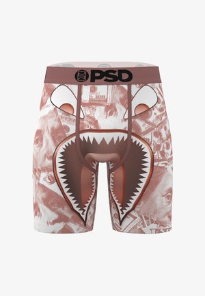 Boxer briefs with brown waistband labeled PSD, money and face print, and large open shark mouth design on the front center.