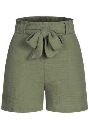 Oliivrohelised lühikesed püksid, mis on valmistatud tekstuuriga kangast, vöökoha peal on vöö, millel on sõlm, ning need on lõdva istuvuse ja ääristatud servadega.