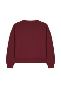 Sweatshirt bordeaux avec un col rond, des épaules tombantes et des poignets côtelés. Fabriqué en tissu doux avec une texture lisse.