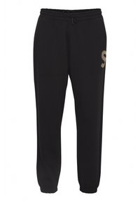 Zwarte sweatpants met een elastische tailleband en verstelbaar trekkoord. Met een gouden logo op het linkerbeen. Zachte, gladde stofstructuur.