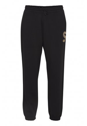 Pantaloni della tuta neri con cintura elastica e cordino regolabile. Presenta un logo dorato sulla gamba sinistra. Tessuto morbido e liscio.