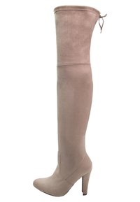 Botte en daim taupe jusqu'à la cuisse avec un orteil pointu, un haut talon bloc et un petit détail de lien à l'arrière en haut.