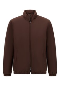 Braune gepolsterte Jacke mit hohem Kragen, Frontreißverschluss und elastischen Bündchen. Verfügt über Seitentaschen und eine glatte, matte Textur.