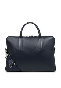 Borsa per laptop in pelle blu navy con doppi manici superiori, tracolla rimovibile, finitura testurizzata e logo discreto sul davanti.