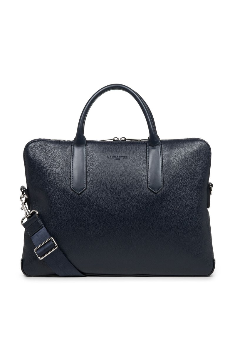 Borsa per laptop in pelle blu navy con doppi manici superiori, tracolla rimovibile, finitura testurizzata e logo discreto sul davanti.
