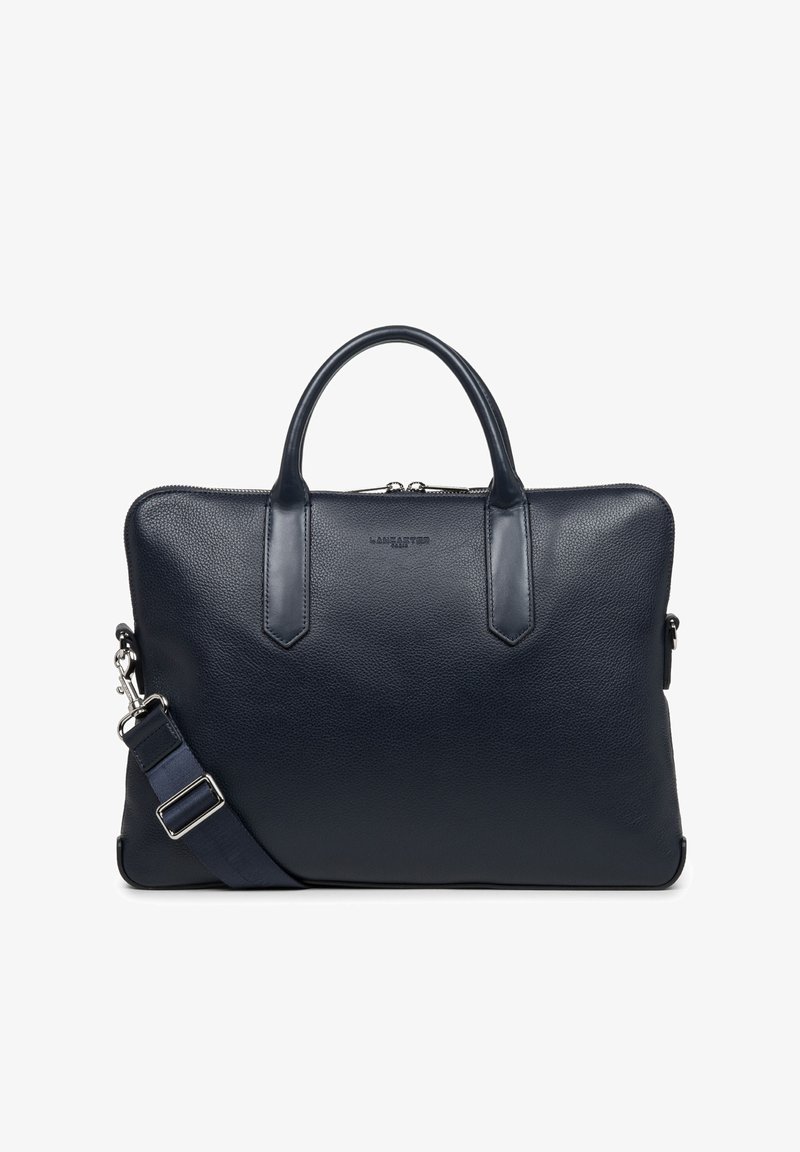Borsa per laptop in pelle blu navy con doppi manici superiori, tracolla rimovibile, finitura testurizzata e logo discreto sul davanti.