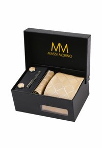 Set regalo di cravatte in una scatola nera; include una cravatta con motivo dorato, un fazzoletto da taschino abbinato, gemelli e clip per cravatta. Design ed effetti eleganti.