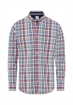 Camicia a maniche lunghe a scacchi caratterizzata da una combinazione di blu navy, rosso, giallo e bianco, con colletto button-down e patta con bottoni frontale.