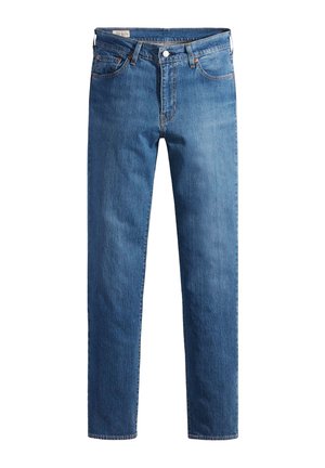 Jeans de denim azul con un diseño de pierna recta, que cuentan con un clásico diseño de cinco bolsillos, costuras resistentes y una cremallera con cierre de botón.
