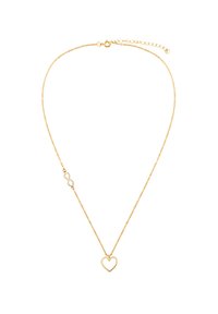 Naszyjnik w odcieniu złota z delikatnym łańcuszkiem, zawieszką w kształcie serca oraz karabińczykiem i przedłużanym łańcuszkiem, umożliwiającym regulację długości.
