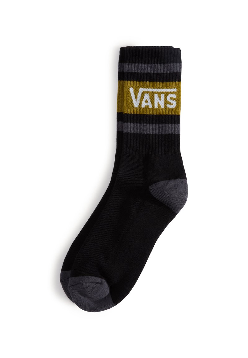 Sort sok med ribbet tekstur, med et gult og gråt stribet bånd og hvid "VANS" logo tværs over den øverste del.