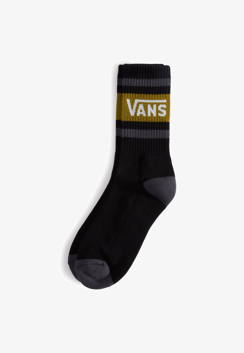 Sort sok med ribbet tekstur, med et gult og gråt stribet bånd og hvid "VANS" logo tværs over den øverste del.